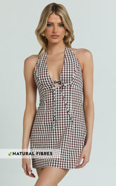 Emilia Mini Dress - Plunge Halter Bodycon Dress in Brown/White